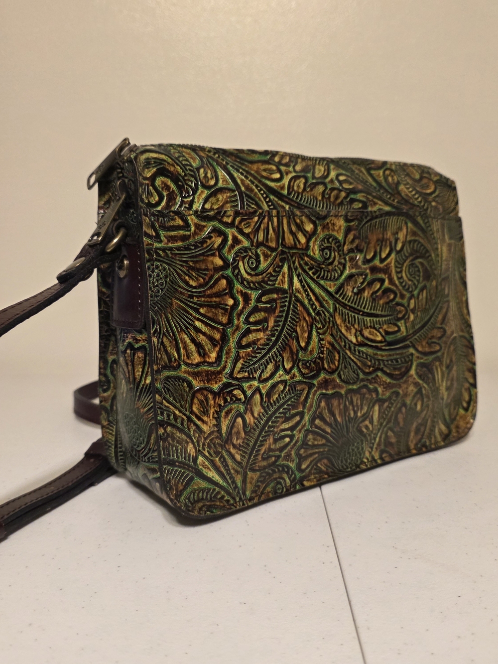 Patricia Nash Embossed Floral Leather Crossbody Bag in Green-Brown